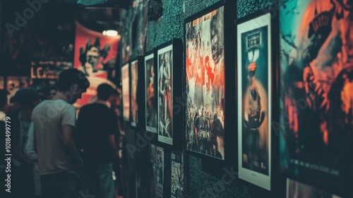 A film festival, with posters of various independent films displayed and crowds gathering for screenings