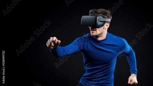 Virtual Reality Athlete: A young man, clad in a blue training suit, races through a virtual world, his focus unwavering as he navigates the unseen landscape.