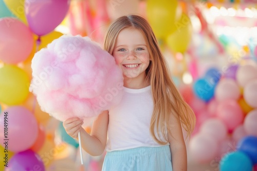 A cheerful child holding a large pink cotton candy, smiling with excitement at a summer fair, surrounded by bright balloons and colorful decorations photo