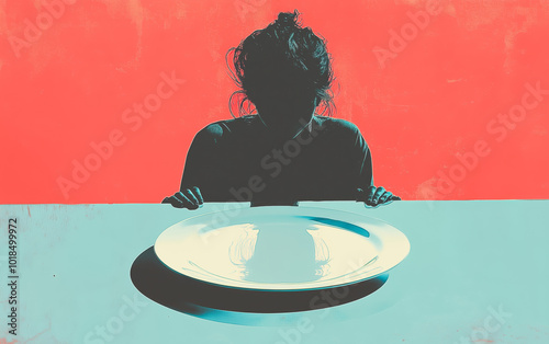 A minimalist illustration of a woman, silhouetted against a light blue and red background, sits at a table with an empty plate, symbolizing a diet concept.