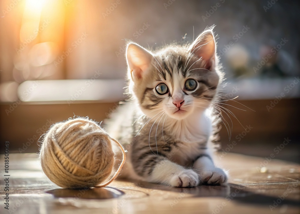 Adorable grey and white kitten plays with a ball of yarn, its whiskers twitching with excitement, in a warm and cozy natural light setting. Adorable grey and white kitten plays with a ball of yarn, its whiskers twitching with excitement, in a warm and cozy natural light setting.