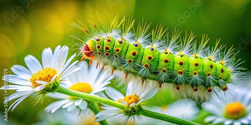 Adorable, fuzzy, bright green caterpillar with vibrant orange spots and tiny legs slowly crawls along a delicate white flower petal in a sunny meadow.