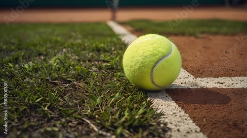 Close up of tennis ball resting on grass near boundary line of outdoor clay court