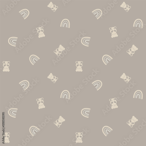 Cute teddy bear and rainbow seamless vector pattern background. Neutral sitting bear cub backdrop. Hand drawn cartoon animals and rainbows. For gender neutral nursery, calm decor, baby products