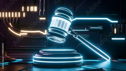 Neon Justice: Exploring the Futuristic Courtroom with a Glowing Blue Gavel