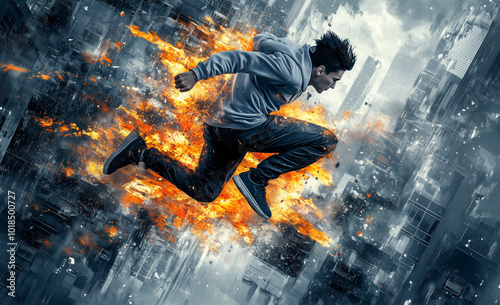 A young man in black jeans and a white hoodie, engulfed in flames, leaps through the air with city buildings as a dramatic backdrop, creating an epic image for a high-speed action film.