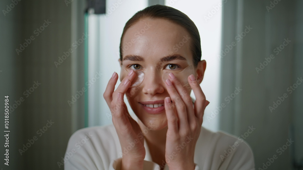 Closeup girl applying patches under eyes. Smiling happy lady enjoying skincare Closeup girl applying patches under eyes. Smiling happy lady enjoying skincare