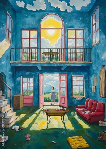 Colorful old house interior with a woman and children's toys.