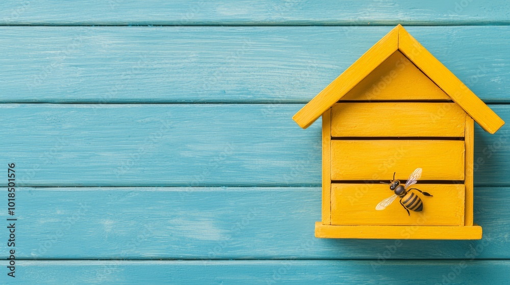 Yellow bee house on a vibrant blue wooden wall background, with a small bee figurine attached to the house. Yellow bee house on a vibrant blue wooden wall background, with a small bee figurine attached to the house.