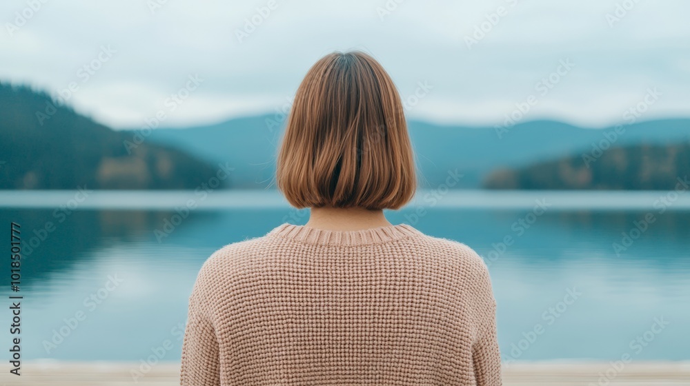 Fototapeta premium A serene meditation session by the lake, a woman in a yellow striped shirt sits cross-legged, focusing on mindfulness in nature.
