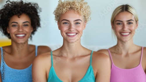 Portrait of a smiling, curly-haired woman with two blurred friends in the background, radiating positivity and joy.