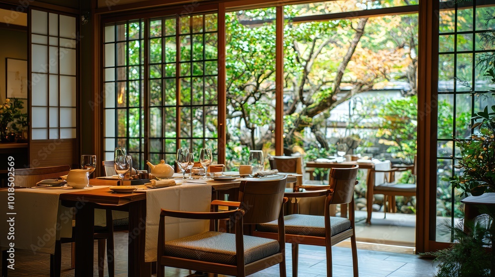 Fototapeta premium A serene dining room with large windows showcasing a lush garden, perfect for a tranquil dining experience.