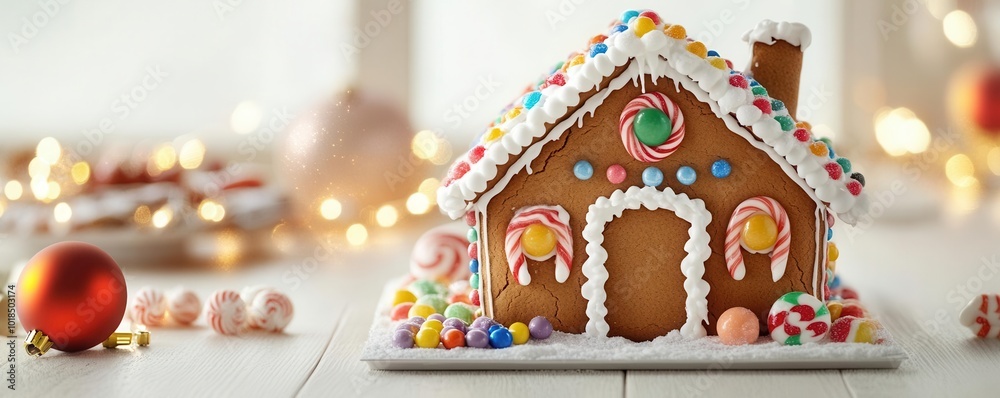 Close-up of a gingerbread house with detailed candy decorations, festive holiday lighting, photorealistic Christmas warmth Close-up of a gingerbread house with detailed candy decorations, festive holiday lighting, photorealistic Christmas warmth