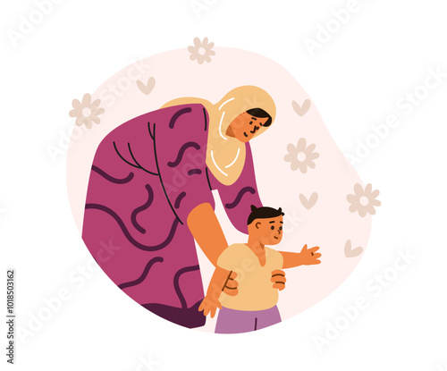 Vector illustration mother in a hijab, who teaches her little son to walk, maternal care