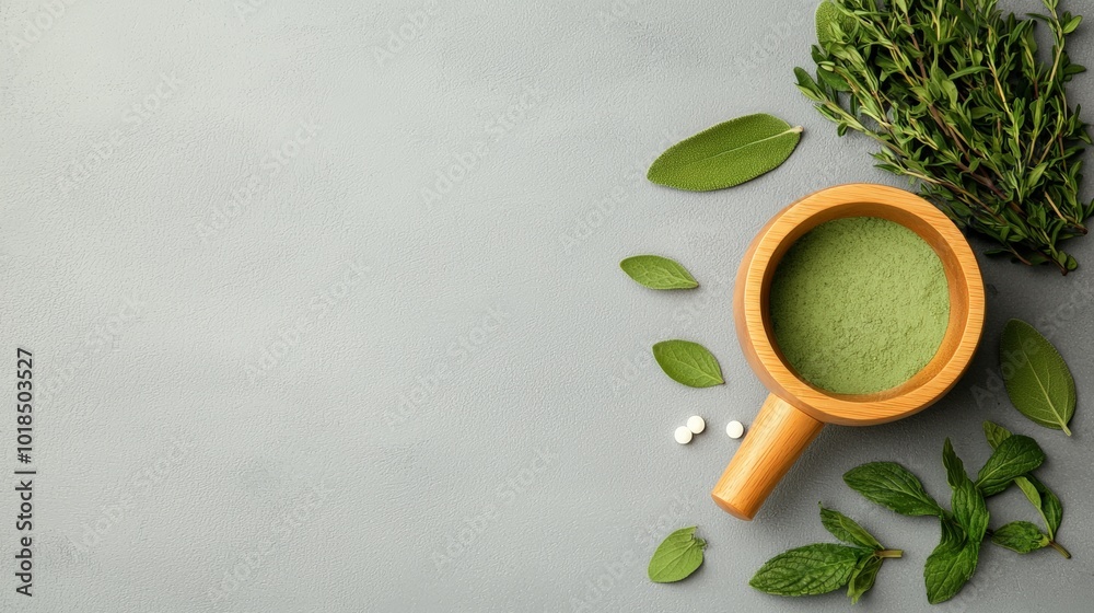 Natural herbal medicine with a mortar, capsules, and leaves on a light background, symbolizing alternative medicine and health. Natural herbal medicine with a mortar, capsules, and leaves on a light background, symbolizing alternative medicine and health.