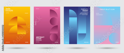 Abstract collection of geometric shapes backgrounds. Brutal contemporary figure circle oval wave patterns. Gradient color, cover, geometric, banner. Swiss design aesthetic