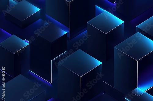 Dark futuristic background with black cubes and blue lighting in a gradient style.
