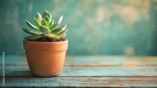 A Single Succulent Plant in a Terracotta Pot on a Weathered Wooden Table