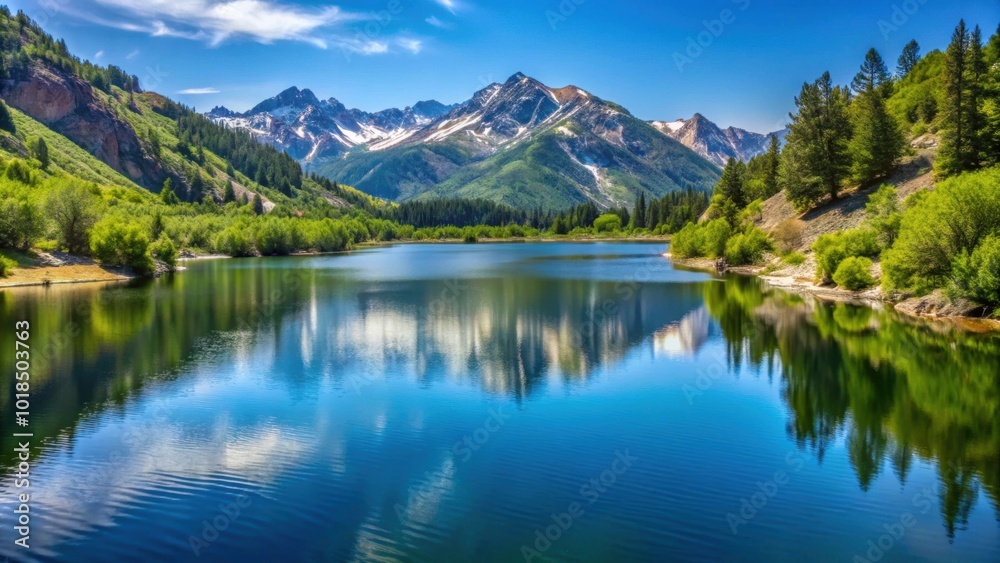 Beautiful alpine lake surrounded by the breathtaking Wasatch mountains in Salt Lake, Utah, USA, scenic, landscape Beautiful alpine lake surrounded by the breathtaking Wasatch mountains in Salt Lake, Utah, USA, scenic, landscape
