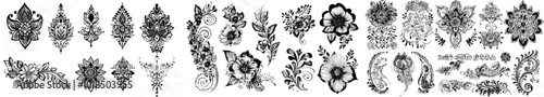 A set of henna tattoos doodles ink on white. A design of flowers leaf stems ornamental patterns on skin brown temporary paintings.