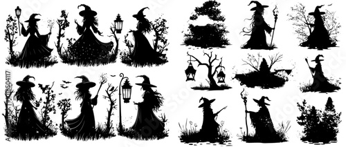 Silhouettes with Halloween witches holding lanterns