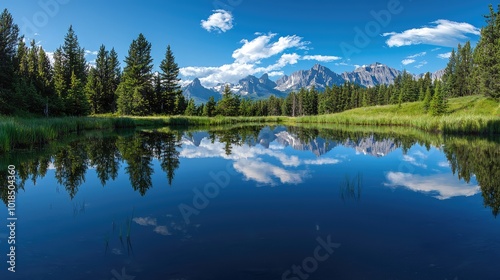 A serene landscape featuring a calm lake reflecting mountains and a bright blue sky, surrounded by lush greenery and pine trees.