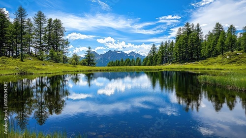 A serene landscape featuring a calm lake reflecting trees and mountains under a bright blue sky with fluffy clouds.