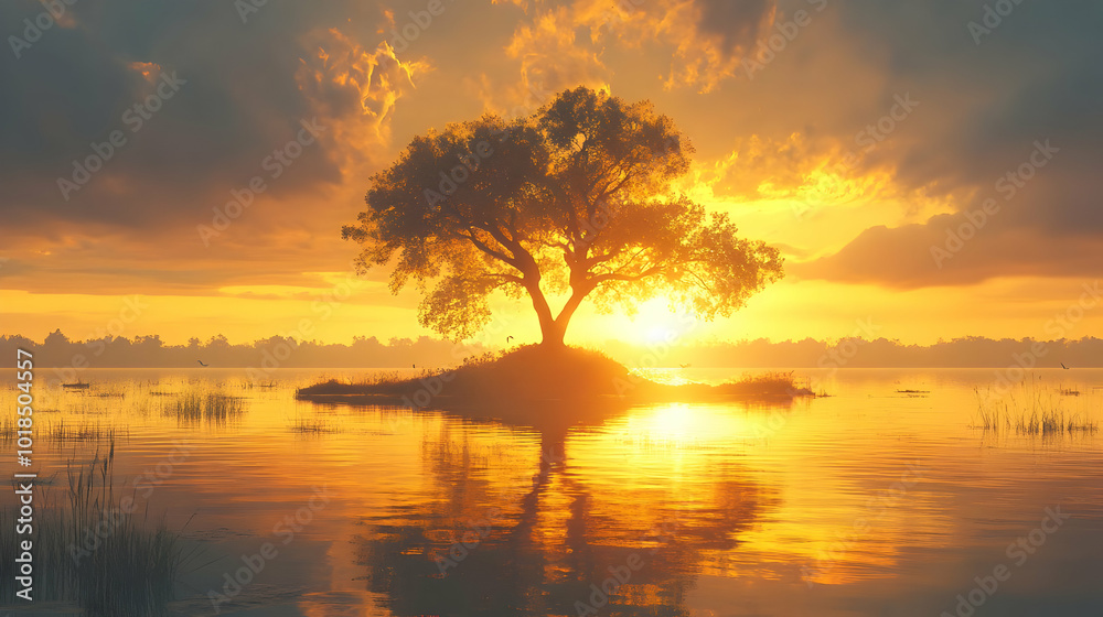 Golden Hour Sunset with a Silhouetted Tree on a Small Island in a Tranquil Lake Golden Hour Sunset with a Silhouetted Tree on a Small Island in a Tranquil Lake