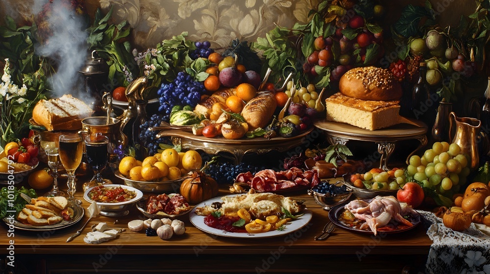 Bountiful Autumn Feast Displayed on Rustic Wooden Table Bountiful Autumn Feast Displayed on Rustic Wooden Table