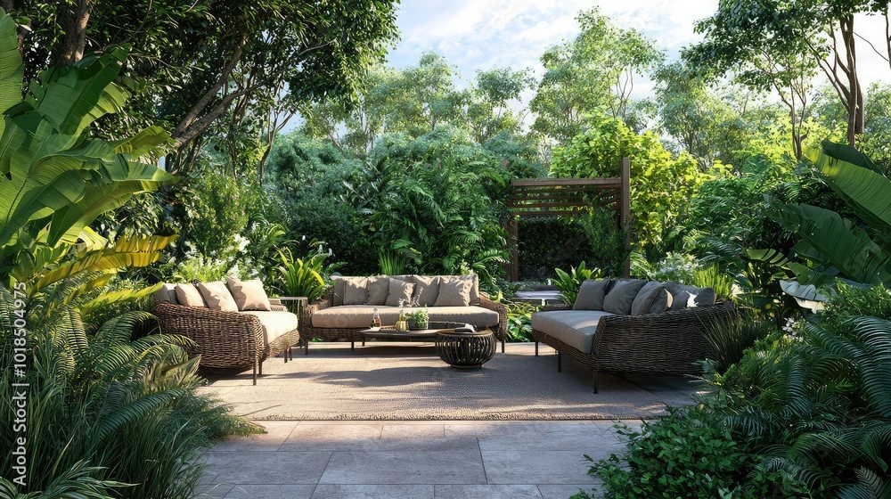 A serene outdoor living space surrounded by lush greenery, featuring comfortable seating and a tranquil atmosphere.