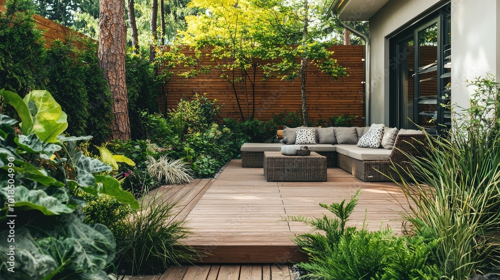 A serene outdoor patio with lush greenery, cozy seating, and wooden deck, perfect for relaxation and nature immersion. A serene outdoor patio with lush greenery, cozy seating, and wooden deck, perfect for relaxation and nature immersion.