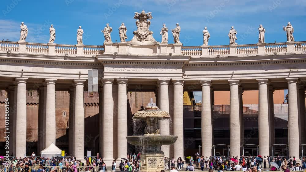 Time lapse of tourists on Vatican square. Some tourists walk around and take a shoot, some tourists staying in line to  Basilica di San Pietro.
