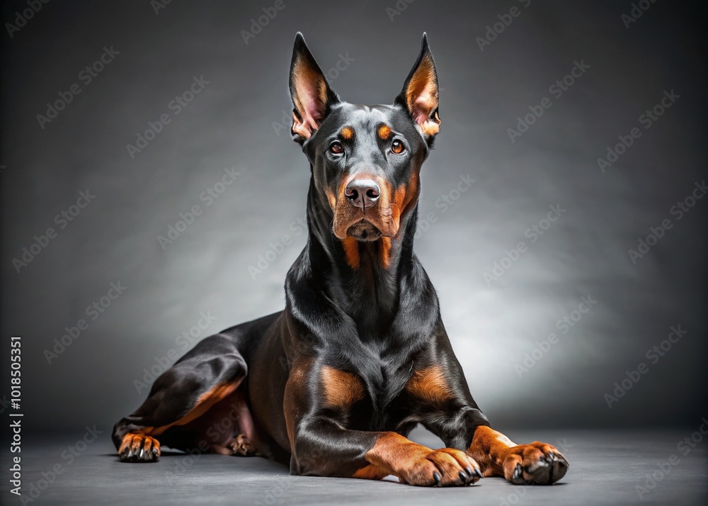 A medium-sized dog with a sleek black coat and toned physique poses effortlessly, its ears cropped, tail loose, and gaze intent on a neutral backdrop. A medium-sized dog with a sleek black coat and toned physique poses effortlessly, its ears cropped, tail loose, and gaze intent on a neutral backdrop.
