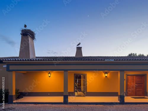 Typical Portuguese house at the end of the day with a stork at the top.