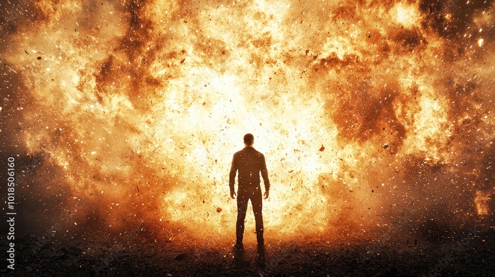Fototapeta premium A silhouetted figure stands before a massive explosion, capturing a moment of drama and intensity against a fiery backdrop.