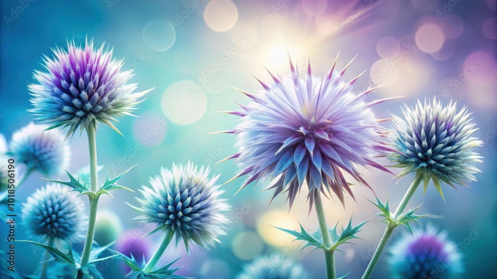 Softly Lit Blue and Purple Thistle Flowers in a Field of Bokeh Softly Lit Blue and Purple Thistle Flowers in a Field of Bokeh