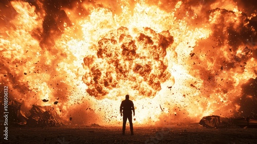 A silhouette of a person stands against a dramatic explosion, enveloping the scene in fiery chaos and intense energy. photo