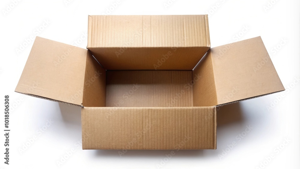 Opened cardboard box with flaps folded on top , shipping, delivery, package, unpacking, storage, recyclable