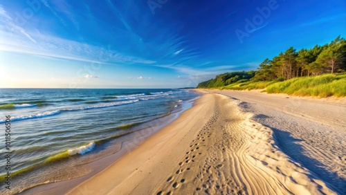 Fototapeta Naklejka Na Ścianę i Meble -  Sandy beach on the Baltic Sea in Piaski on the Vistula Spit on a sunny summer morning with a view towards Krynica Morska