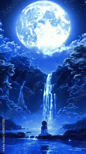 A mystical forest glow massive full moon, anime girl waterfall. water energy. sky is filled with luminous clouds, dreamy, otherworldly ambiance, 4k Lofi Japanese Anime-style background Animation Video photo