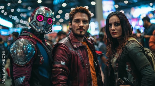 Fans cosplaying as favorite characters at convention. Colorful cosplay costume