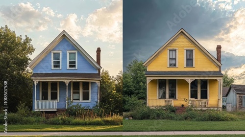 A split image of two houses: one painted blue with greenery, the other yellow under cloudy skies, showcasing contrasting colors and architectural styles.