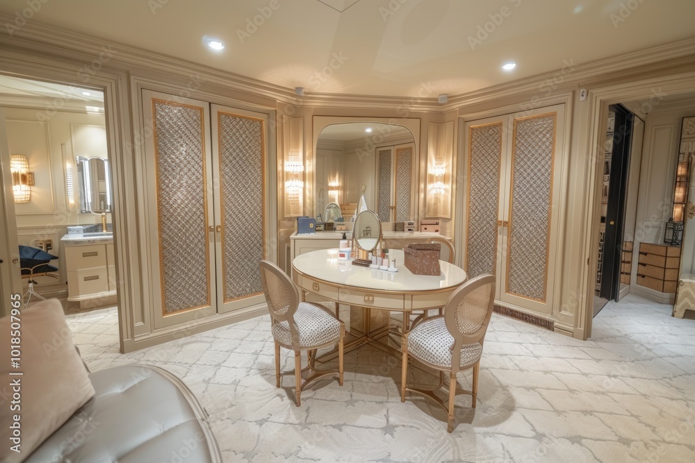 A luxurious makeup room featuring warm lighting, elegant furniture, and a stunning vanity with a large mirror, creating a stylish and relaxing atmosphere for beauty rituals. A luxurious makeup room featuring warm lighting, elegant furniture, and a stunning vanity with a large mirror, creating a stylish and relaxing atmosphere for beauty rituals.