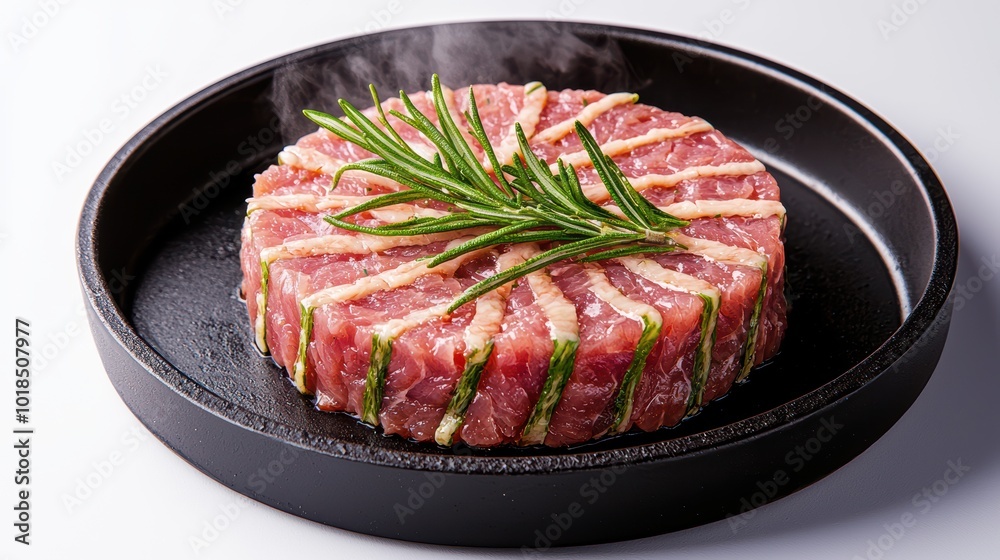 A beautifully arranged round meat dish, garnished with fresh herbs, on a black plate. A beautifully arranged round meat dish, garnished with fresh herbs, on a black plate.