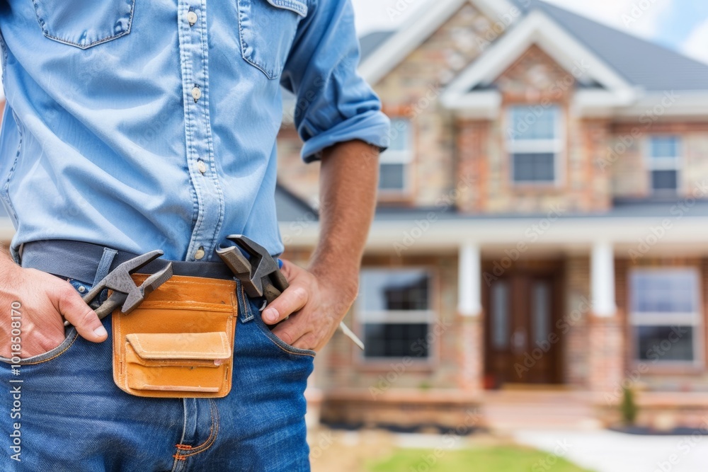 A handyman wearing a tool belt stands in front of a brick house, ready for home improvement or repair work. A handyman wearing a tool belt stands in front of a brick house, ready for home improvement or repair work.