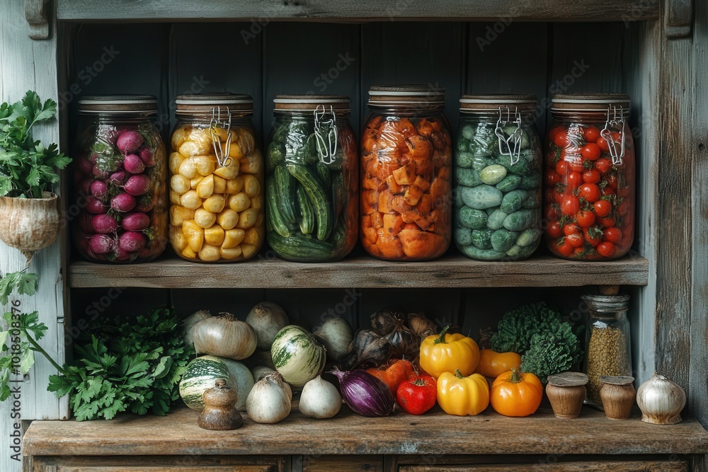 jar filled with an assortment of vibrant pickled vegetables artistically arranged to highlight their colors and textures set against a rustic kitchen backdrop