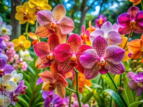 In the wild, vibrant orchids bloom, celebrating the exquisite beauty and diversity of nature's flora, enchanting observers with their colorful petals and intricate designs.