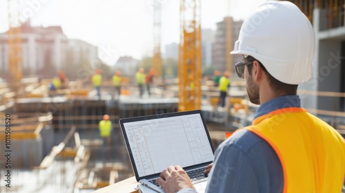 Engineer at a construction site, reviewing schedule on a laptop, detailed background of workers and equipment, photorealistic photo