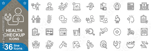 Health checkup outline icons set. Heart rate, temperature, X-Ray Scan, blood test, monitor, dental, urine test and more. vector illustrator.