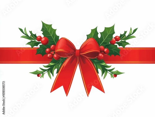 of a holiday ribbon with mistletoe a festive Christmas accessory with a simple flat design isolated on a white background  The ribbon features a vibrant red bow and green leaves with red berries photo